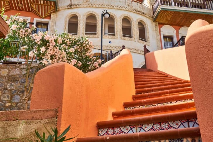 Travel destination with mosaic orange steps.