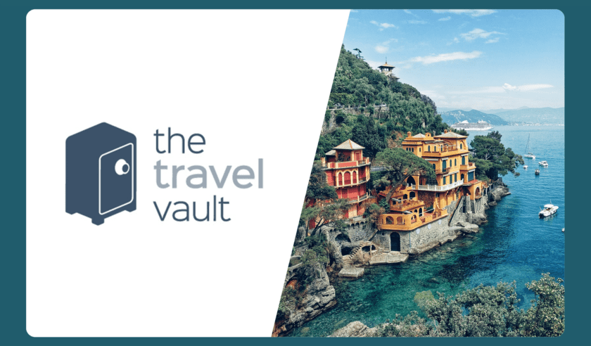 Landscape image of The Travel Vault logo and the Amalfi coast in Italy